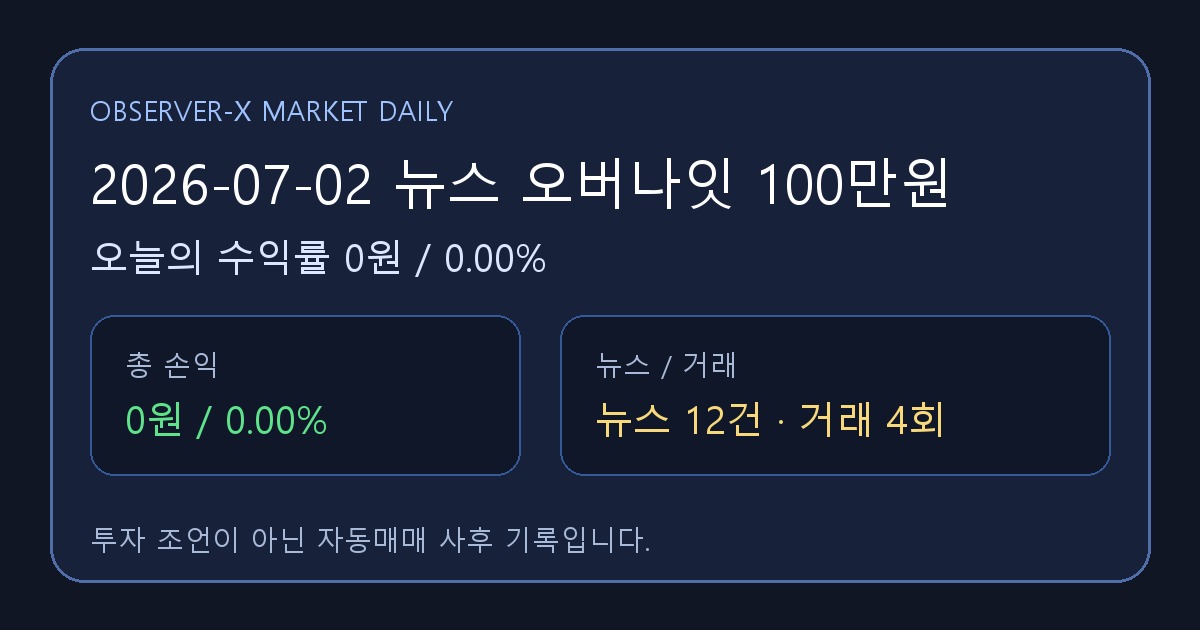 2026-07-02 뉴스 오버나잇 100만원 오늘의 수익률 0원 (0.00%)
